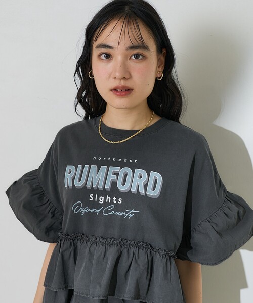 ♪00s ダークコア grunge 異素材 段フリル リボンカットソー ブラック 無地×ドット柄異素材フリルドッキングデザイン半袖Tシャツ
