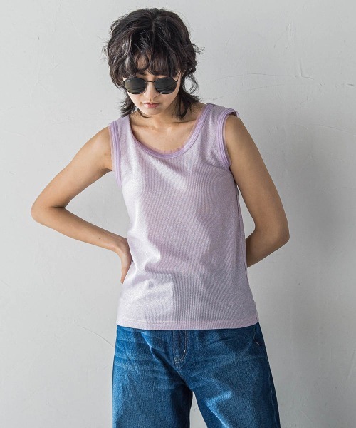 MAYSON GREY(メイソングレイ)の「チュール使いラメリブタンクトップ≪手洗い可能≫(Tシャツ/カットソー・レディース・ホワイト/ブラック/グリーン/ブラウン/パープル・M)」の5枚目の写真