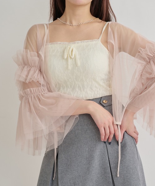 セール】2way frill sleeve tulle tops / 2way袖フリルチュール