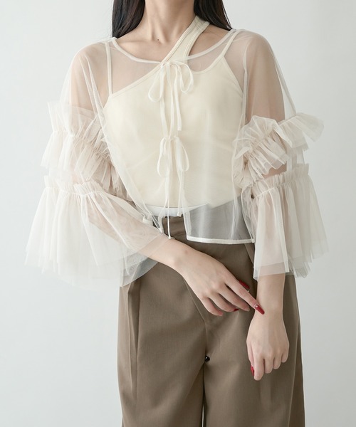 ブラウス シャツ FRILL TULLE TOPS レディース Fit more tシャツ 「ZOZO限定商品」チュールレースフリル