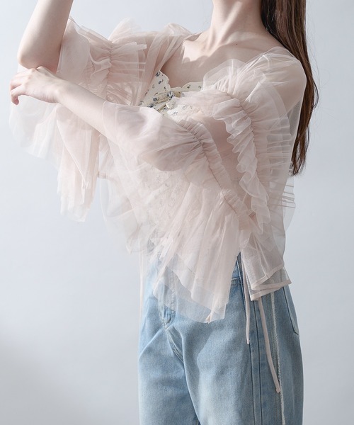 セール】2way frill sleeve tulle tops / 2way袖フリルチュール