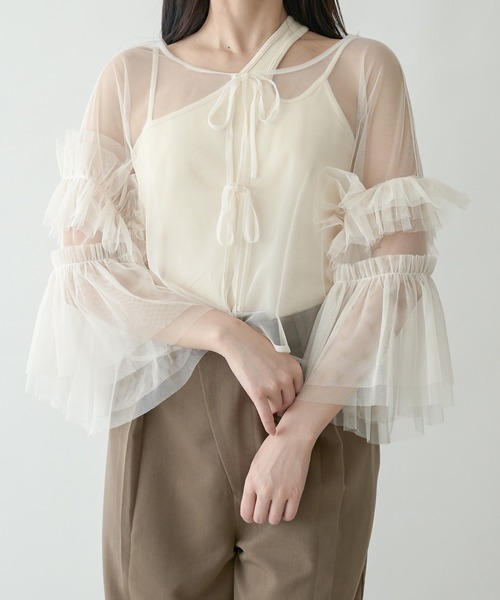 Ambre Neige(アンブルネージュ)の「2way frill sleeve tulle tops / 2way袖フリルチュールトップス(シャツ/ブラウス・レディース・グレー/アイボリー/ピンクベージュ・FREE)」の5枚目の写真