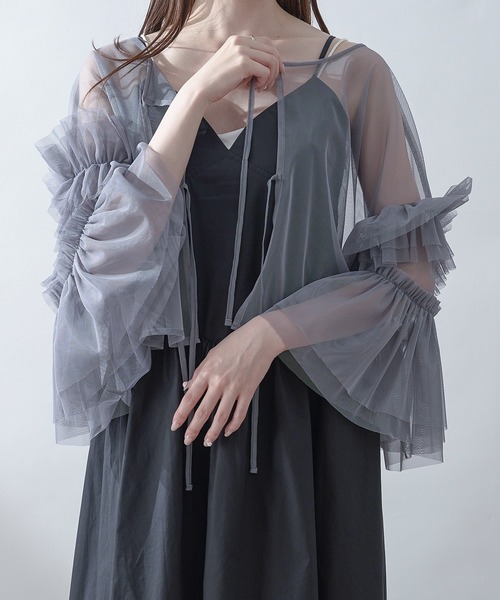 セール】2way frill sleeve tulle tops / 2way袖フリルチュール