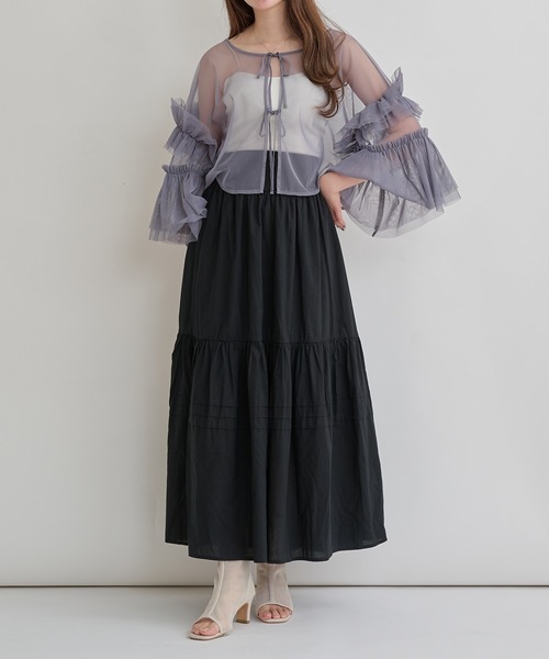 セール】2way frill sleeve tulle tops / 2way袖フリルチュール