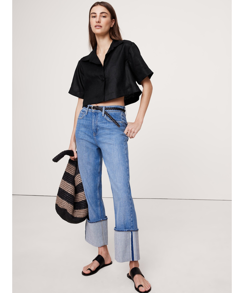 Banana Republic（バナナリパブリック）の「オーバーサイズ リネン クロップド リゾートシャツ（シャツ/ブラウス・レディース・ブラック/ライトベージュ・M/XS/L/S）」の3枚目の写真