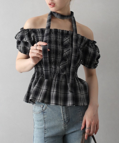 【Cider】チェック柄 シャーリング トップス トップをチェック