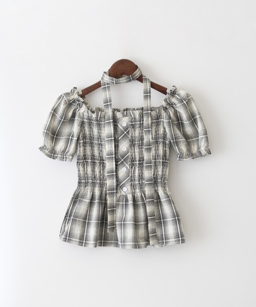 【Cider】チェック柄 シャーリング トップス セール】チェックタイ付きシャーリングトップス（Tシャツ