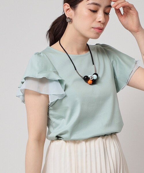 【接触冷感／S〜Lサイズ展開】シフォン使いフレアスリーブカットソー 接触冷感／S～Lサイズ展開】シフォン使いフレアスリーブ