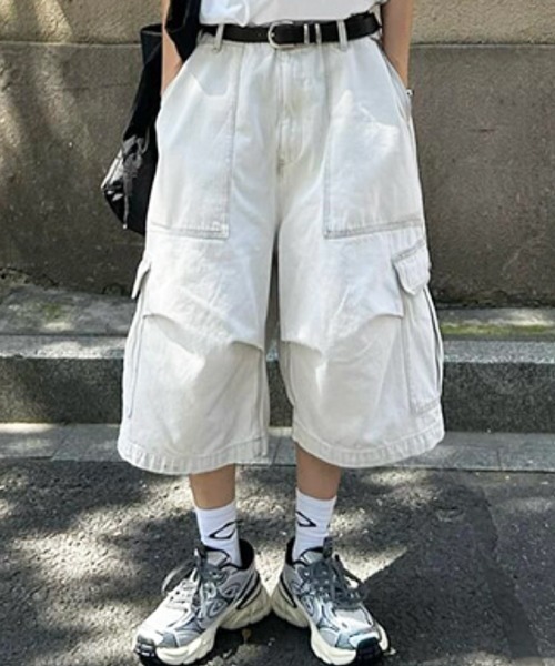 ホワイト カーゴパンツ リラックスフィット セール】【NOWLE】リラックスフィット ワイド クロップド カーゴ