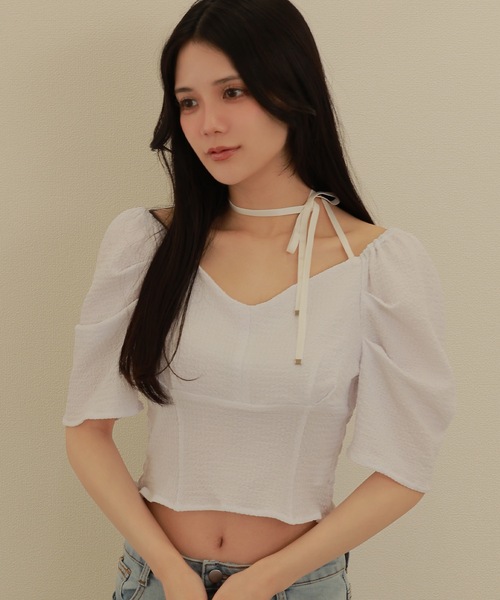 *M DOLLY original* ribbon puff short tops/リボンパフショートトップス レディース M DOLLY original* ribbon puff short tops/リボンパフショート