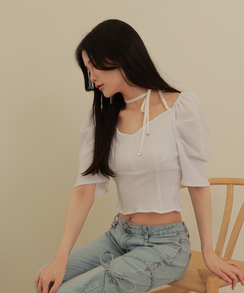 M DOLLY(エムドリー)の「*M DOLLY original* ribbon puff short tops/リボンパフショートトップス(その他トップス・レディース・ブラック/ホワイト・FREE)」の7枚目の写真