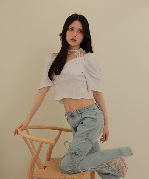 M DOLLY(エムドリー)の「*M DOLLY original* ribbon puff short tops/リボンパフショートトップス(その他トップス・レディース・ブラック/ホワイト・FREE)」の8枚目の写真