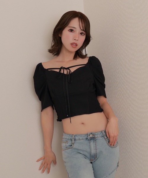 M DOLLY(エムドリー)の「*M DOLLY original* ribbon puff short tops/リボンパフショートトップス(その他トップス・レディース・ブラック/ホワイト・FREE)」の9枚目の写真