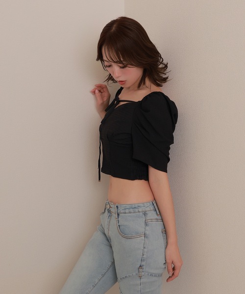 M DOLLY(エムドリー)の「*M DOLLY original* ribbon puff short tops/リボンパフショートトップス(その他トップス・レディース・ブラック/ホワイト・FREE)」の10枚目の写真