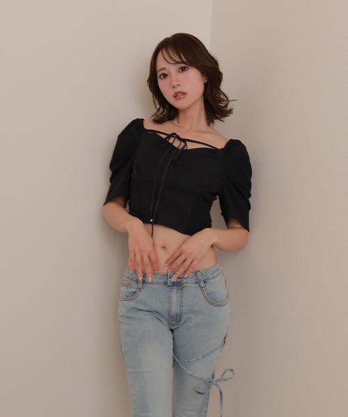 M DOLLY(エムドリー)の「*M DOLLY original* ribbon puff short tops/リボンパフショートトップス(その他トップス・レディース・ブラック/ホワイト・FREE)」の12枚目の写真