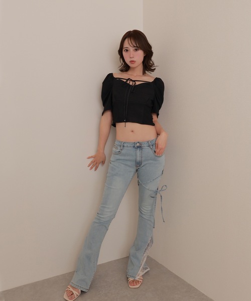 M DOLLY(エムドリー)の「*M DOLLY original* ribbon puff short tops/リボンパフショートトップス(その他トップス・レディース・ブラック/ホワイト・FREE)」の13枚目の写真