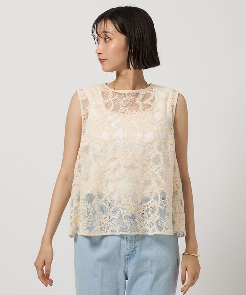 ヴァン Vin Ample 刺繍ノースリーブシアーブラウス （オフ