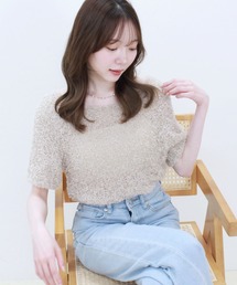 ファンシーヤーン半袖トップス サマーニット ふわふわ シンプル 大人カジュアル フェミニン 春服 夏服
