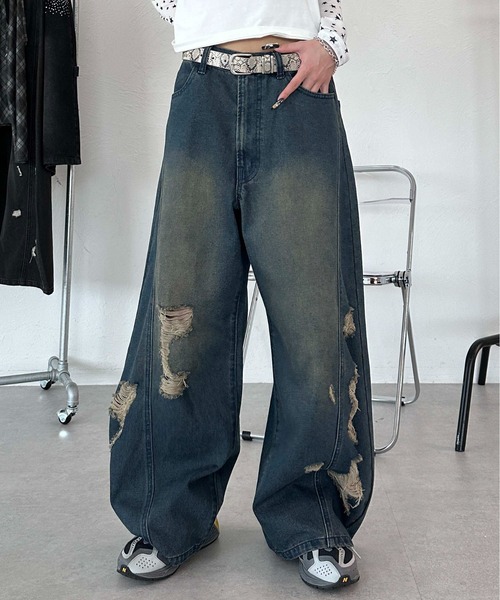 sedacle(セダクル)の「ワイドカーブダメージデニム(デニムパンツ・レディース・ブラック/ダークインディゴブルー・MEDIUM/SMALL)」の9枚目の写真