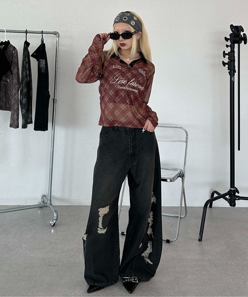 sedacle(セダクル)の「ワイドカーブダメージデニム(デニムパンツ・レディース・ブラック/ダークインディゴブルー・MEDIUM/SMALL)」の6枚目の写真