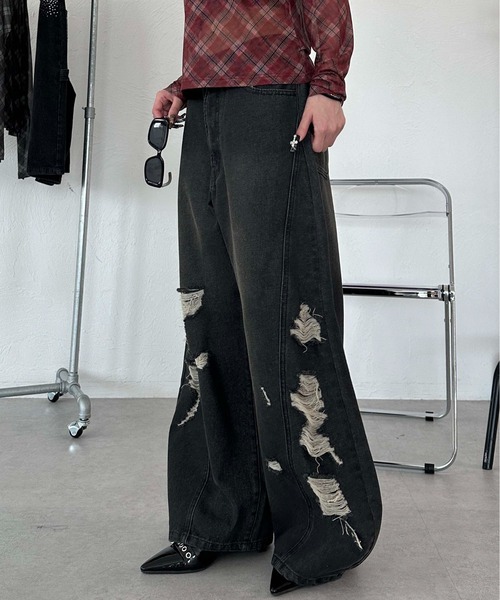 sedacle(セダクル)の「ワイドカーブダメージデニム(デニムパンツ・レディース・ブラック/ダークインディゴブルー・MEDIUM/SMALL)」の21枚目の写真
