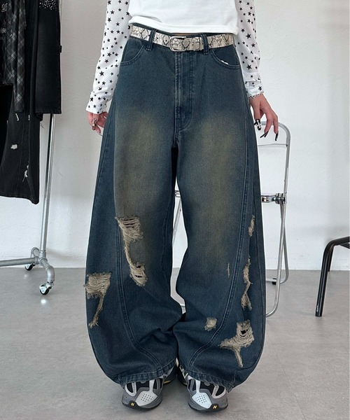 sedacle(セダクル)の「ワイドカーブダメージデニム(デニムパンツ・レディース・ブラック/ダークインディゴブルー・MEDIUM/SMALL)」の10枚目の写真