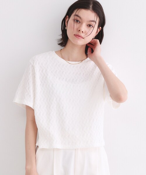 OPAQUE.CLIP(オペークドットクリップ)の「ふくれジャカードトップス【洗濯機洗い可】(Tシャツ/カットソー・レディース・ブラック/ベージュ/パープル/ホワイト・38/40)」の1枚目の写真