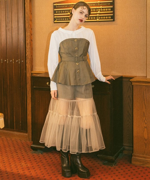 REDYAZEL(レディアゼル)の「シャツドッキングチュールワンピース&ショートパンツセットアップ(セットアップ・レディース・チャコールグレー/ブラウン/ブラック・FREE)」の1枚目の写真