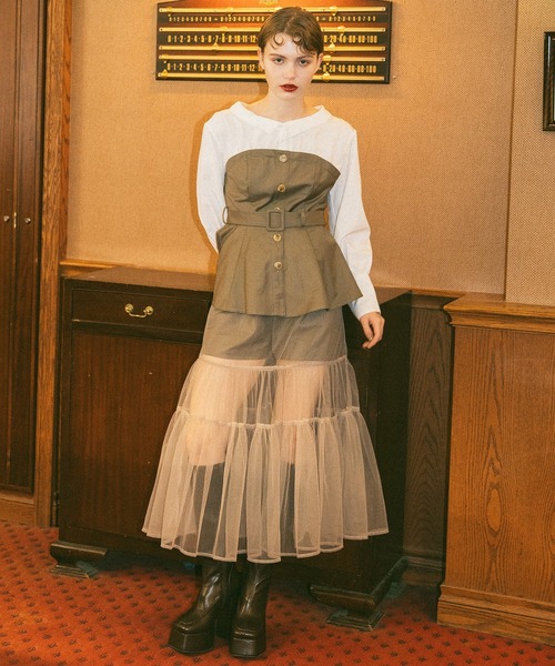 REDYAZEL(レディアゼル)の「シャツドッキングチュールワンピース&ショートパンツセットアップ(セットアップ・レディース・チャコールグレー/ブラウン/ブラック・FREE)」の4枚目の写真