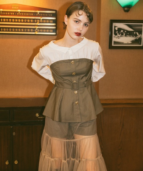 REDYAZEL(レディアゼル)の「シャツドッキングチュールワンピース&ショートパンツセットアップ(セットアップ・レディース・チャコールグレー/ブラウン/ブラック・FREE)」の8枚目の写真