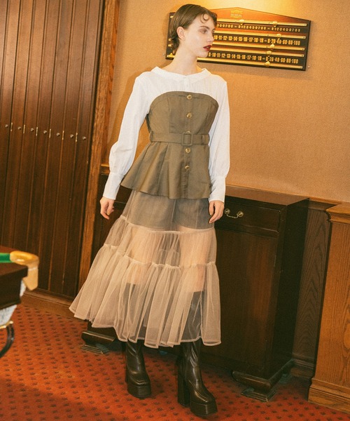 REDYAZEL(レディアゼル)の「シャツドッキングチュールワンピース&ショートパンツセットアップ(セットアップ・レディース・チャコールグレー/ブラウン/ブラック・FREE)」の9枚目の写真