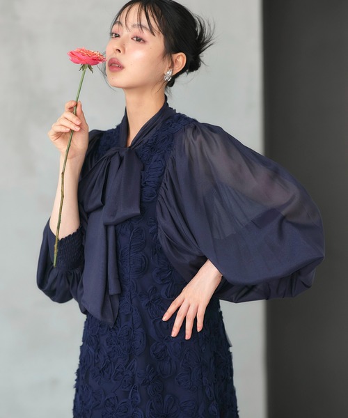RUIRUE BOUTIQUE(ルイルエブティック)の「オケージョンドレス 結婚式 ストレッチ | ボリュームスリーブ ボウタイ レース ワンピース | 二次会 披露宴 美脚 ワンピース オケージョン お呼ばれ パーティードレス(ドレス・レディース・ブラウン/ブラック/ネイビー・S/M/L/LL)」の3枚目の写真