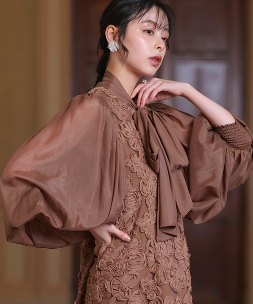 RUIRUE BOUTIQUE(ルイルエブティック)の「オケージョンドレス 結婚式 ストレッチ | ボリュームスリーブ ボウタイ レース ワンピース | 二次会 披露宴 美脚 ワンピース オケージョン お呼ばれ パーティードレス(ドレス・レディース・ブラウン/ブラック/ネイビー・S/M/L/LL)」の6枚目の写真
