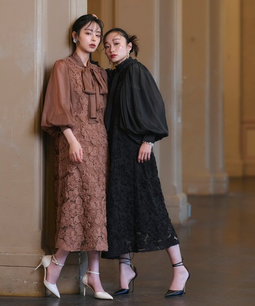 RUIRUE BOUTIQUE(ルイルエブティック)の「オケージョンドレス 結婚式 ストレッチ | ボリュームスリーブ ボウタイ レース ワンピース | 二次会 披露宴 美脚 ワンピース オケージョン お呼ばれ パーティードレス(ドレス・レディース・ブラウン/ブラック/ネイビー・S/M/L/LL)」の4枚目の写真