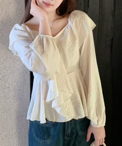 Lace Ladies(レースレディース)の「ボリューム ラッフルカラー ペプラム 長袖 ブラウス(シャツ/ブラウス・レディース・アイボリー/ピンクベージュ・FREE)」の7枚目の写真