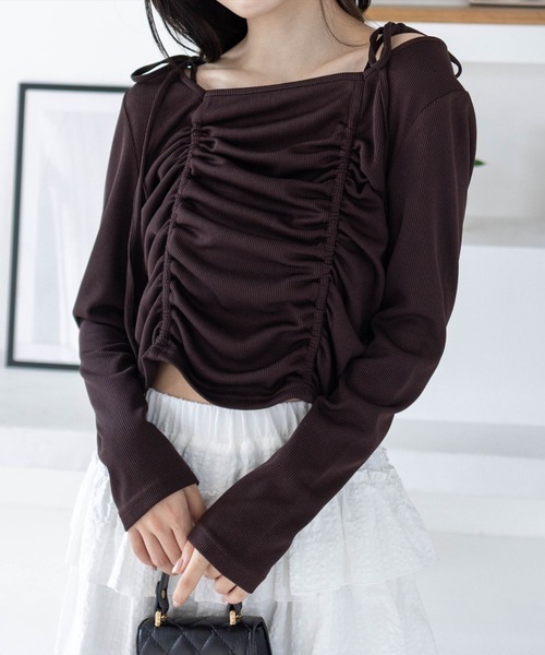 clear（クリア）の「ドロストリボン長袖カットソートップス［韓国ファッション カジュアル］≪AW新作≫（Tシャツ/カットソー・レディース・ブラウン/モカ/ブラック/アイボリー・F）」の3枚目の写真