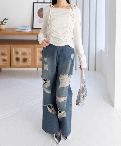 clear（クリア）の「ドロストリボン長袖カットソートップス［韓国ファッション カジュアル］≪AW新作≫（Tシャツ/カットソー・レディース・ブラウン/モカ/ブラック/アイボリー・F）」の7枚目の写真