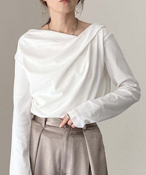 セール】長袖オフショルダーアシンメトリードレープトップス（T