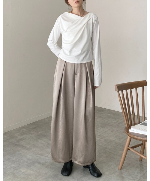 セール】長袖オフショルダーアシンメトリードレープトップス（Tシャツ