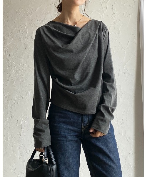 セール】長袖オフショルダーアシンメトリードレープトップス（T
