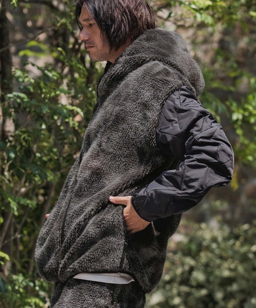 CAMBIO(カンビオ)の「mj11133-Monotone Marble Fake Fur Curved Zipper Blouson フーディージャケット(A56025cmb)(その他アウター・メンズ・ブラウン/ブラック・S/M/L)」の2枚目の写真