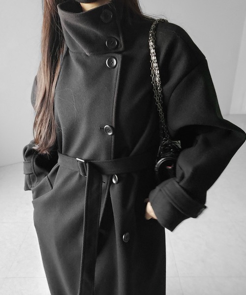 me+em select（ミームセレクト）の「【 ウエストマークベルトSET 】２WAY スタンドカラーレディメルトントレンチロングコート ／ 2WAY stand collar lady melton trench long coat（トレンチコート・レディース・ブラック/チャコール・FREE）」の13枚目の写真