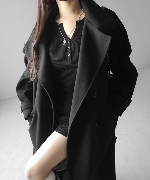 me+em select（ミームセレクト）の「【 ウエストマークベルトSET 】２WAY スタンドカラーレディメルトントレンチロングコート ／ 2WAY stand collar lady melton trench long coat（トレンチコート・レディース・ブラック/チャコール・FREE）」の14枚目の写真