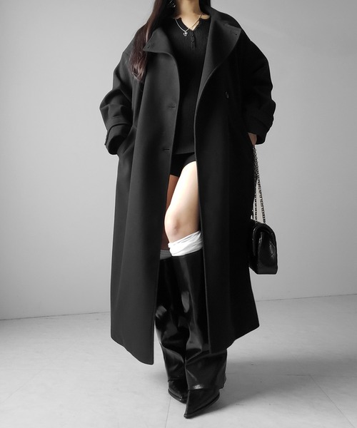 me+em select（ミームセレクト）の「【 ウエストマークベルトSET 】２WAY スタンドカラーレディメルトントレンチロングコート ／ 2WAY stand collar lady melton trench long coat（トレンチコート・レディース・ブラック/チャコール・FREE）」の19枚目の写真