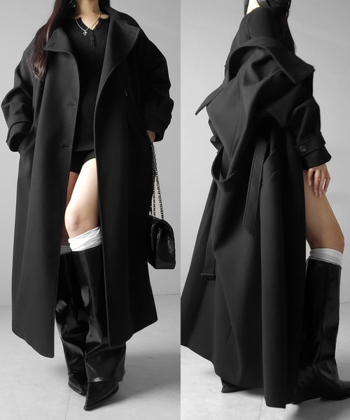 me+em select（ミームセレクト）の「【 ウエストマークベルトSET 】２WAY スタンドカラーレディメルトントレンチロングコート ／ 2WAY stand collar lady melton trench long coat（トレンチコート・レディース・ブラック/チャコール・FREE）」の11枚目の写真