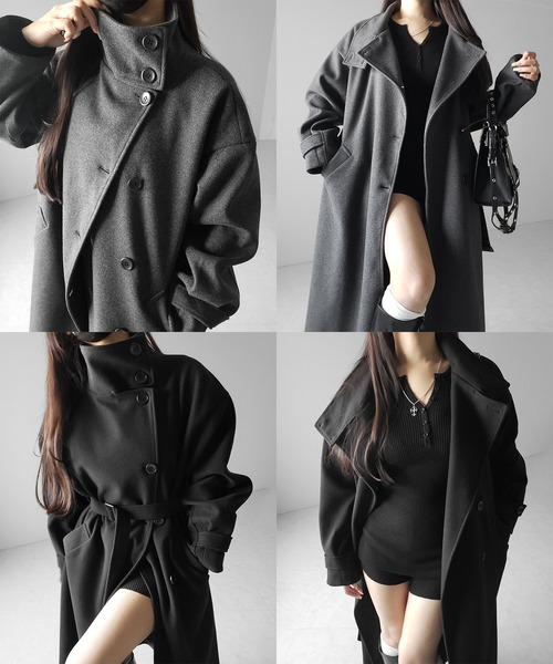 me+em select（ミームセレクト）の「【 ウエストマークベルトSET 】２WAY スタンドカラーレディメルトントレンチロングコート ／ 2WAY stand collar lady melton trench long coat（トレンチコート・レディース・ブラック/チャコール・FREE）」の10枚目の写真