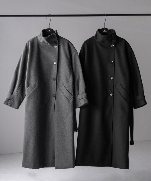 me+em select（ミームセレクト）の「【 ウエストマークベルトSET 】２WAY スタンドカラーレディメルトントレンチロングコート ／ 2WAY stand collar lady melton trench long coat（トレンチコート・レディース・ブラック/チャコール・FREE）」の9枚目の写真