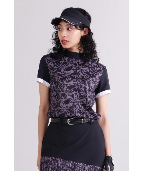 【直営店舗限定】ハイビスカス柄 半袖 モックネック プルオーバー (WOMENS)