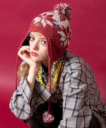 an meets zakka（アンミツザッカ）の「an meets zakka ノルディック柄コード付きイヤーフラップボンボンウールニット帽（ニットキャップ/ビーニー）」