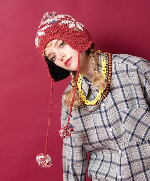 an meets zakka ノルディック柄コード付きイヤーフラップボンボン